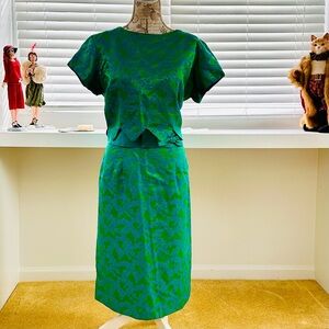 Vintage MCM Dress Green Blue Brocade Size 12 / 14 Sheath Short Sleeve